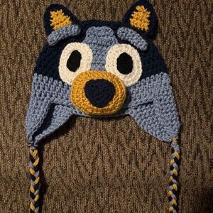 Hand crochet blue dog hat with braids